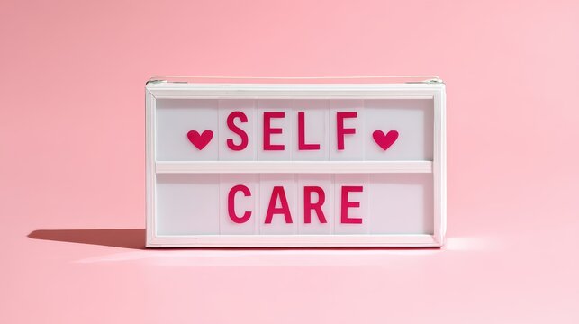 Lightbox with pink letters spelling "SELF CARE" and heart symbols on a pastel pink background