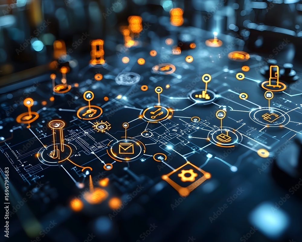 Poster abstract digital network visualization with glowing orange icons representing interconnected data an