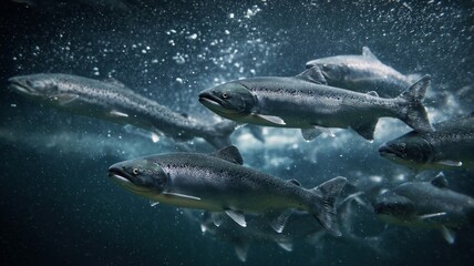 Majestic salmon swim in sunlit underwater realm. AI image
