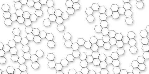 A pattern of white hexagon shapes arranged subtle shadows that create a three-dimensional, layered effect, geometric repetition and depth of the hexagonal grid.