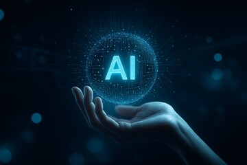 Human hand holding glowing A I sphere with circuits