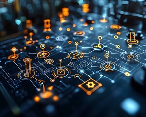 Abstract digital network visualization with glowing orange icons representing interconnected data and technology systems
