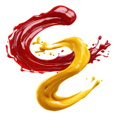 Ketchup and mustard splash swirls in motion, isolated on transparent cutout background
