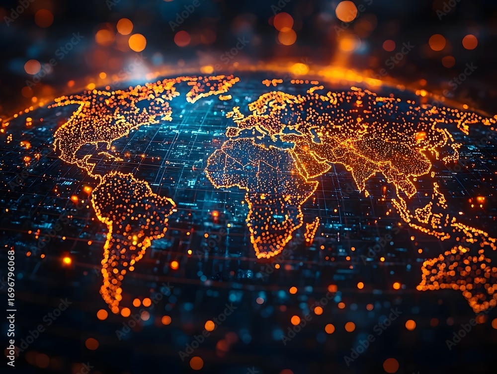 Poster glowing digital world map with interconnected data points symbolizing global connectivity and advanc