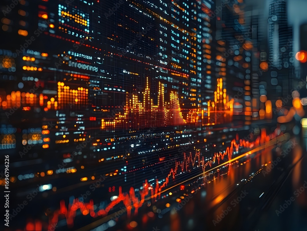 Poster futuristic digital interface displays glowing graphs and data symbolizing financial growth and techn