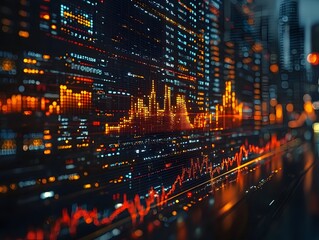 Futuristic digital interface displays glowing graphs and data symbolizing financial growth and technological innovation