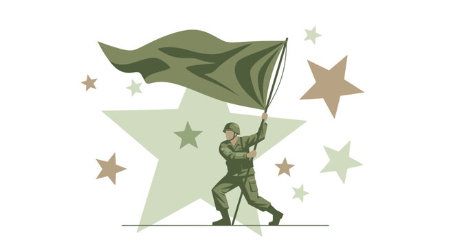 Soldier Waving Flag With Stars Celebrating National Armed Forces Victory And Achievement - Powered by Adobe