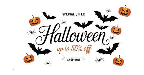 Halloween sale banner with decorative text, bats, pumpkins, spiders, and “Shop Now” button—perfect for festive retail promotions 