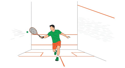 Squash Player in Action Hitting the Ball Towards the Courtwall Representing Competitive Sport