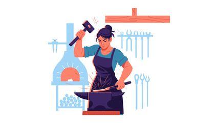 Forge of Determination: A strong woman, skillfully crafting metal at a forge, embodying strength and precision with every strike of her hammer, illustrating the art of blacksmithing.