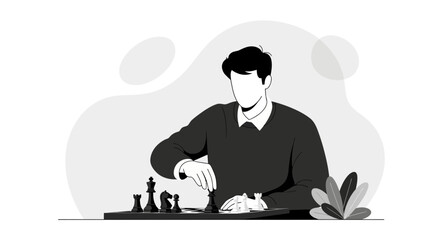 Strategic Mindset: Person Focused on a Chess Game in Modern Flat Illustration
