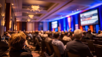 A large audience attends a conference in a spacious, well-lit room with multiple screens and a stage at the front