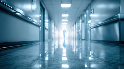 Fototapeta premium A clean, empty hospital corridor with bright lights and a lone figure in the distance, creating a sterile, clinical atmosphere