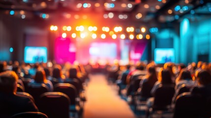 A blurred image of an audience seated in a large hall facing a brightly lit stage during an event or conference
