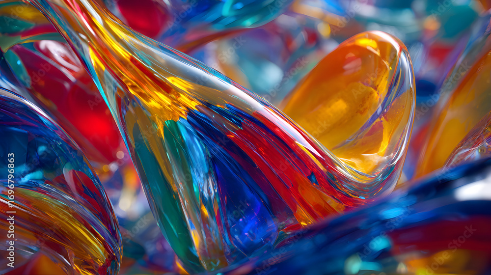 Poster a vibrant abstract display of swirling glass shapes in bright colors, creating a sense of motion and