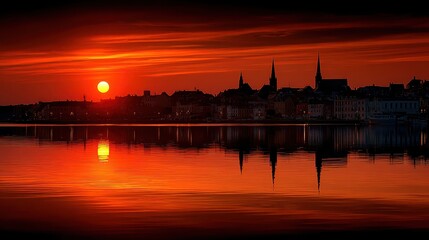 Fototapeta premium Fiery Sunset Over Cityscape Reflected in Calm Water.