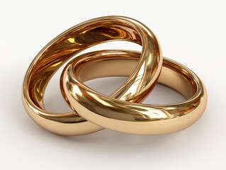 Two shiny gold wedding rings intertwined on a white background, symbolizing unity, love, and marriage
