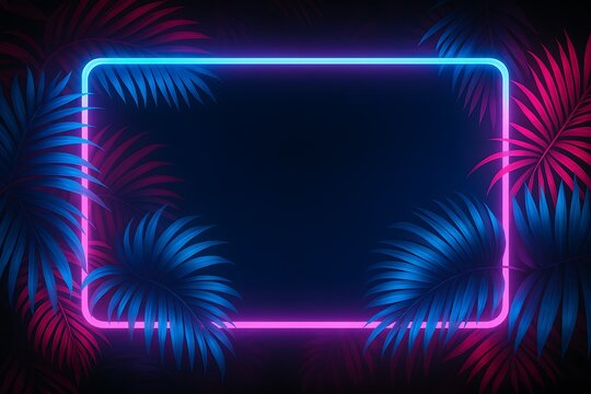Neon rectangle frame with tropical palm leaves image - Powered by Adobe
