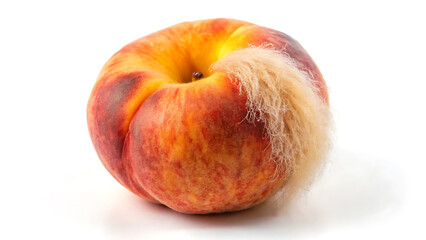 Fototapeta premium Single ripe peach with fuzzy skin and a small bite juicy summer fruit