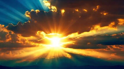 Sunlight shining through dramatic clouds with golden rays in the sky.