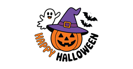 Happy Halloween illustration with smiling pumpkin, witch hat, cheerful ghost, bats, and bold text—ideal for festive seasonal designs 