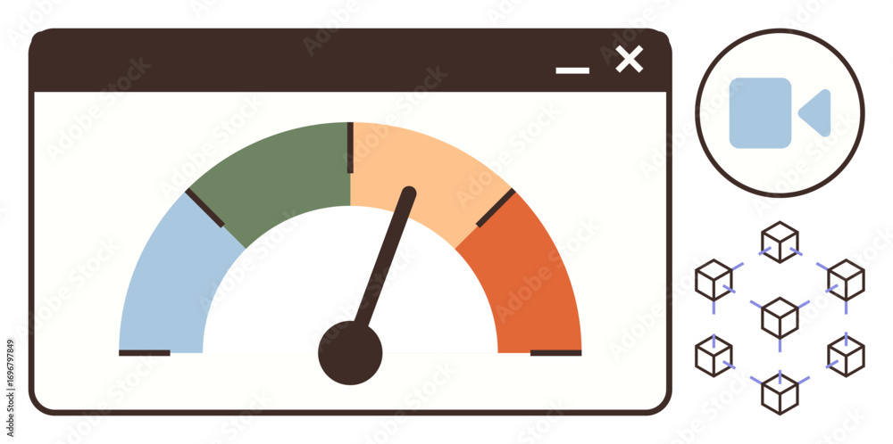Poster speedometer in a browser window showing performance levels, video icon symbolizing multimedia, and l