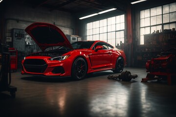 Red sports car with hood open in auto repair shop red car