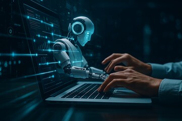 Robot and Human Hands Typing on Laptop with Digital Data Streams