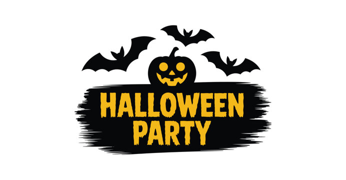 Halloween party banner with jack-o'-lantern, bats, and bold yellow text on black brushstroke—ideal for festive event promotion 