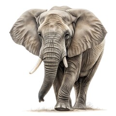 Majestic african elephant with large ears and tusks on white background