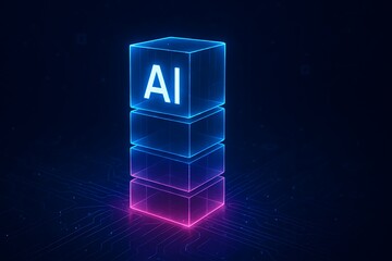 Stacked glowing cubes with A I text in digital abstract