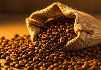 A burlap sack spilling roasted coffee beans onto a wooden surface