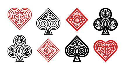 Poker playing cards suits symbols - Spades Hearts Diamonds and Clubs icons isolated