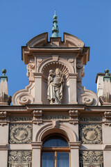 Neo-renaissance Stutzik House (Stutzikuv dum) with statue of Virgin Mary, Prague, Czech Republic