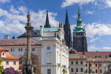 Hradcany Square with Prague Castle and towers of gothic St.Vitus Cathedral, Prague, Czech Republic