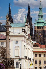Hradcany Square with Prague Castle and towers of gothic St.Vitus Cathedral, Prague, Czech Republic