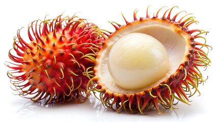 Close up of a peeled rambutan fruit showing white juicy interior tropical fruit detail