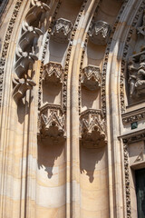 Detail of decorative facade of gothic St. Vitus Cathedral, located at Hradcany, Prague, Czech Republic