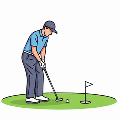 Minimalist Vector Illustration of Golfer Playing Golf on Green in Modern Style with Blue and Green Color Scheme