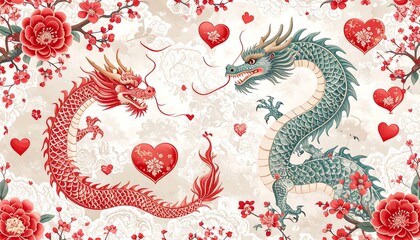 Obraz premium Dragons, hearts, flowers, Asian-inspired pattern