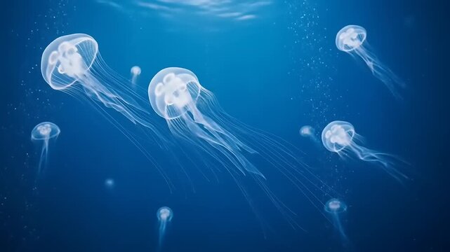 Graceful jellyfish swimming in the deep blue ocean, with bubbles rising in the serene background