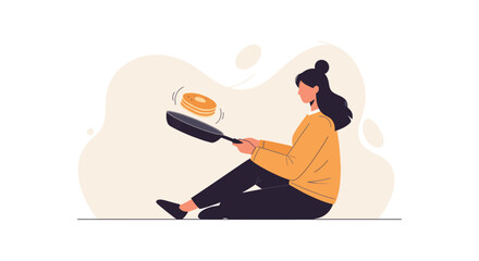 Fototapeta premium Woman Cooking Fluffy Pancakes In Pan In A Simple Flat Style Illustration For Culinary Purposes