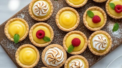 Aerial shot of an assortment of lemon tarts some topped with raspberries others with torched meringue on a wooden board dusted with powdered sugar - Powered by Adobe