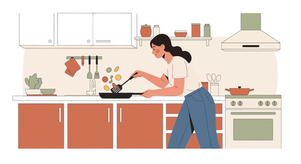 Woman Cooking Vegetables Inside Modern Kitchen With Beige And Orange Colours