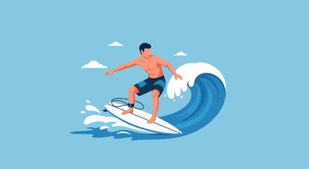 Surfer Riding A Wave, Surfing Illustration, Summertime Fun And Leisure Activity Concept Illustration