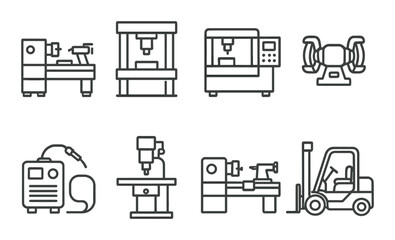 Industrial equipment icons: lathe, press, cnc, grinder, welder, drill, forklift