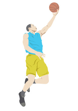 Basketball player is jumping and putting the ball into the basketball ring vector illustration