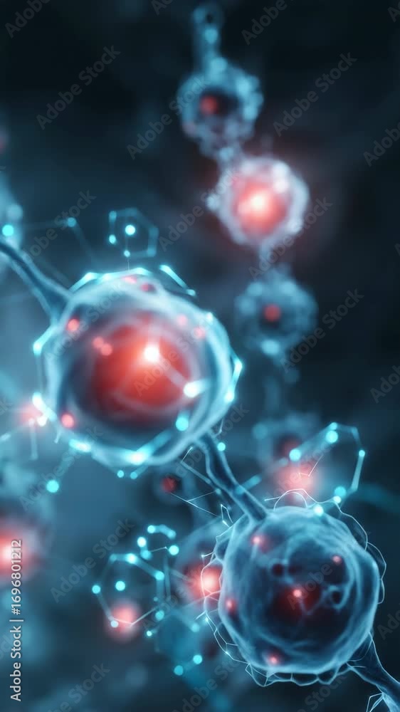 Poster close-up view of glowing neural cells and molecular structures