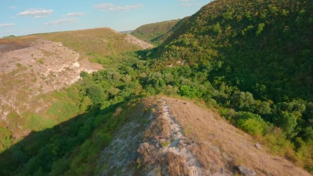 FPV drone aerial shot. Mountain views of nature landscape of the Tipova reserve, Moldova