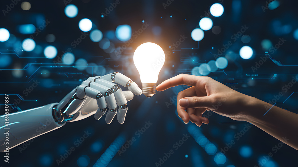 Poster human and artificial hand interacting with light bulb: a captivating representation of the intersect